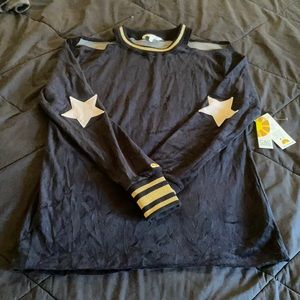 C&C California open shoulder Black Sweater with Stars on sleeves
